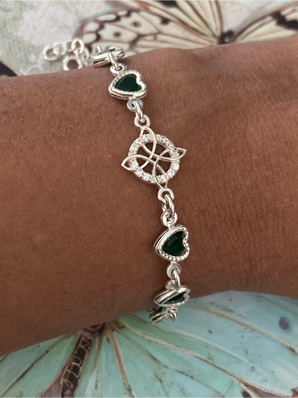 Silver 925 Bracelet with Green Heart Charms